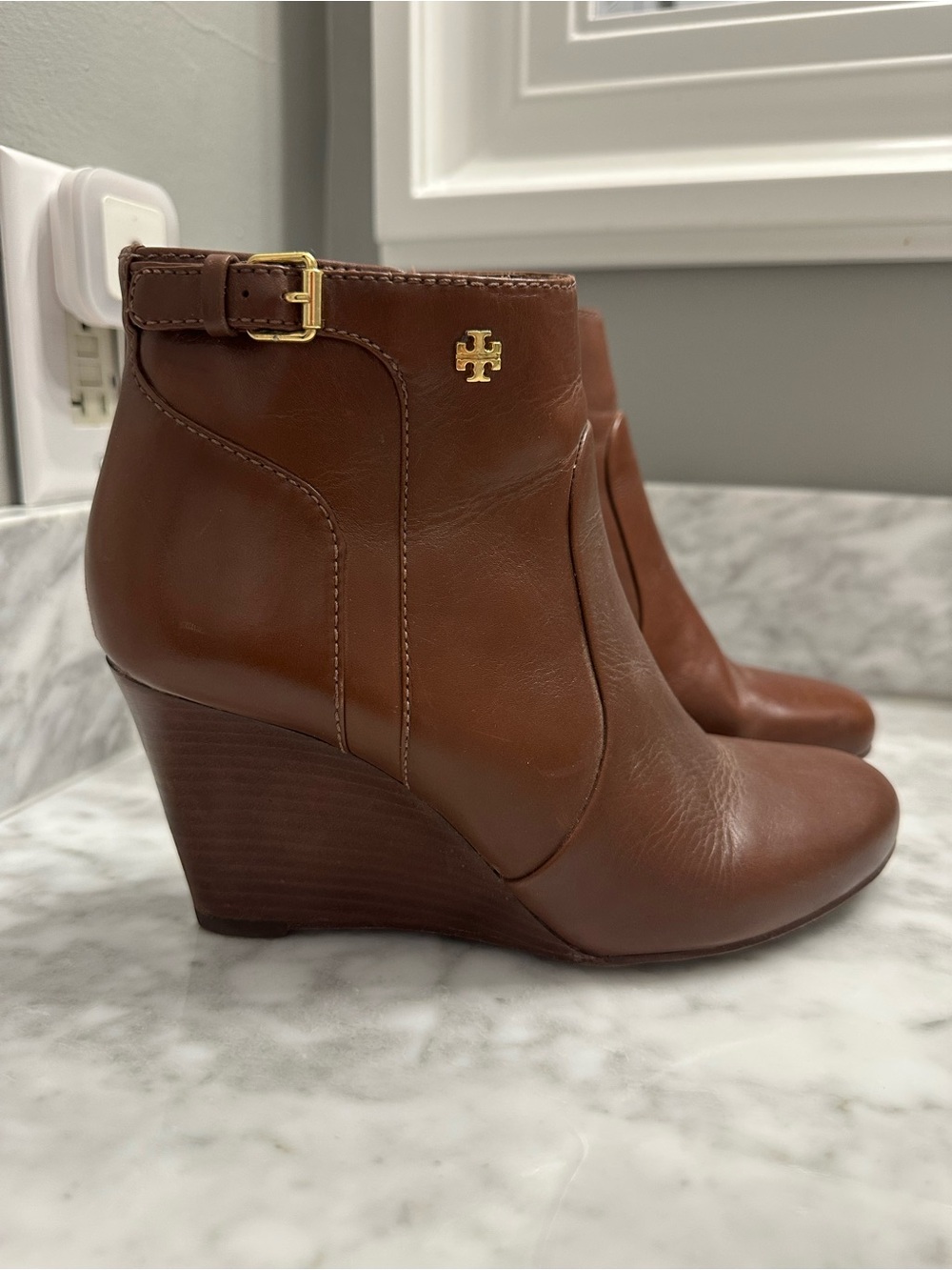 Tory Burch Chestnut Brown Leather Wedge Ankle Boots